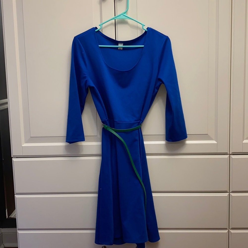 Blue dress with green belt